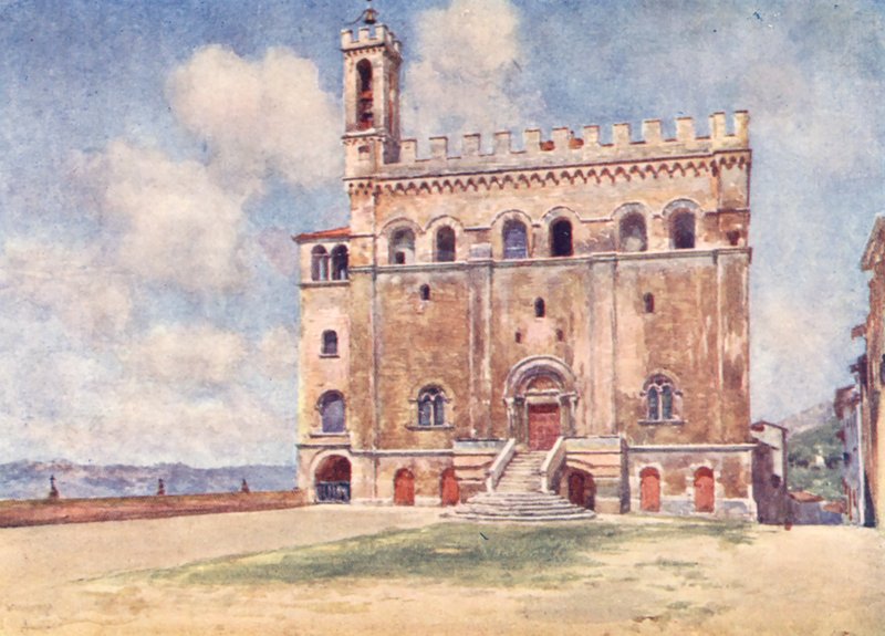Palazzo Pubblico, Gubbio (färglitografi) av Alberto Pisa