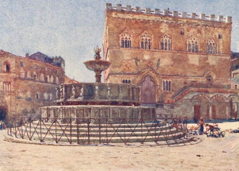 Piazza S Lorenzo, Perugia (färglitografi) av Alberto Pisa