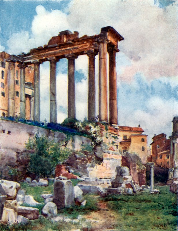 Saturnus tempel från basilikan Julia i Forum av Alberto Pisa