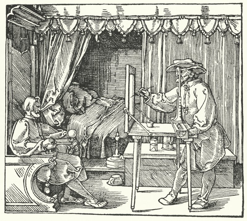 Metod för att producera en skalenlig bild genom att markera objektets konturer på en glasskiva (gravyr) av Albrecht (after) Durer or Duerer