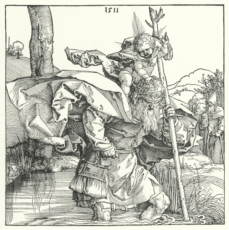 St Christopher som bär Kristus-barnet (gravyr) av Albrecht (after) Durer or Duerer