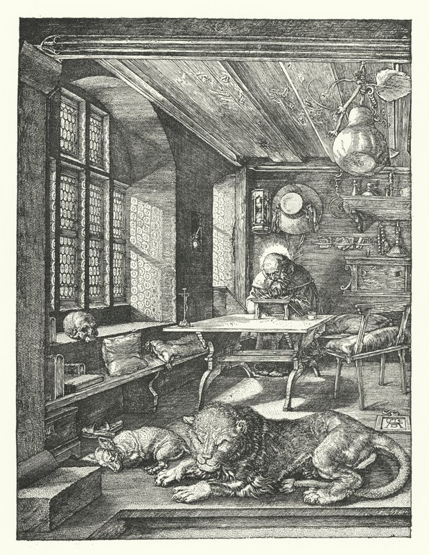 St Hieronymus i hans studie (gravyr) av Albrecht (after) Durer or Duerer