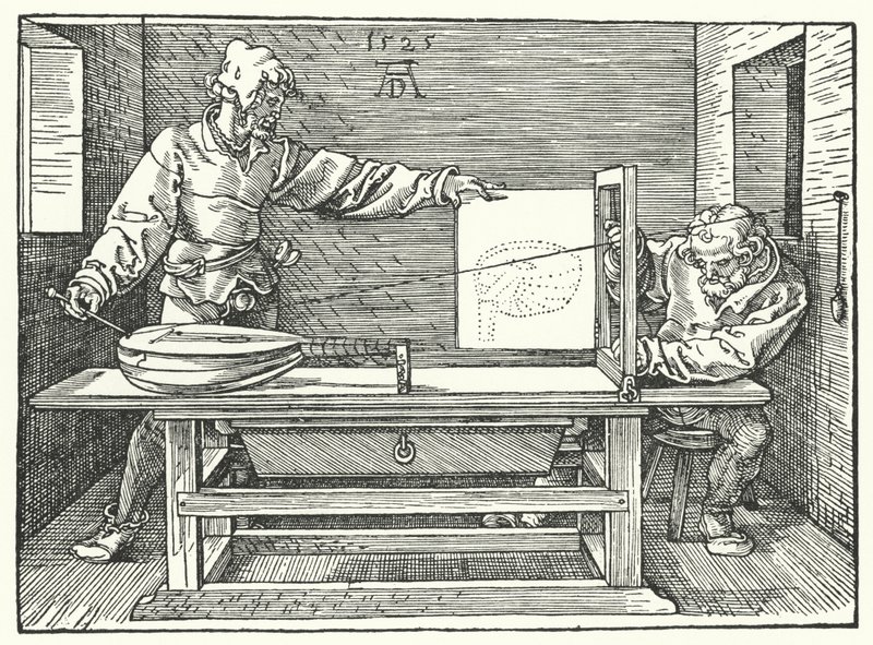 Användningen av strängar för att konstruera en perspektivbild av en luta (gravyr) av Albrecht (after) Durer or Duerer
