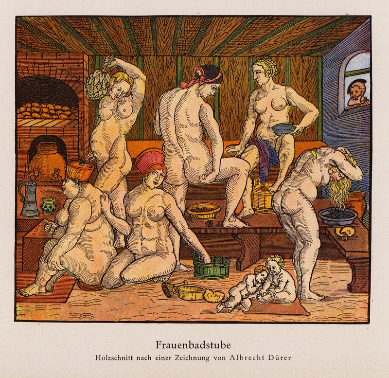 Dambad (färg litho) av Albrecht (after) Durer or Duerer