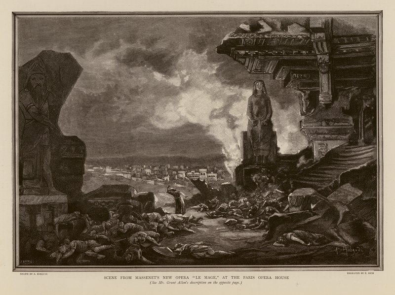 Scen ur Massenets opera Le Mage på operahuset i Paris (gravyr) av Alcide Theophile Robaudi