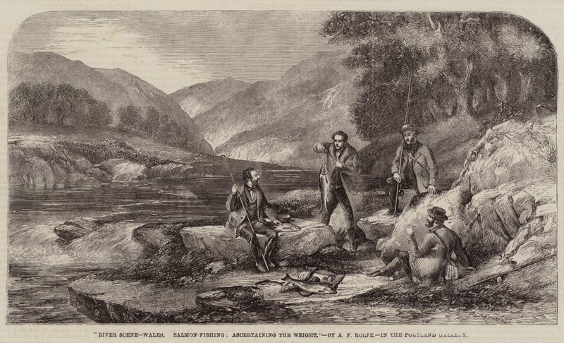 Flodscen, Wales, laxfiske, fastställa vikten av Alexander Rolfe