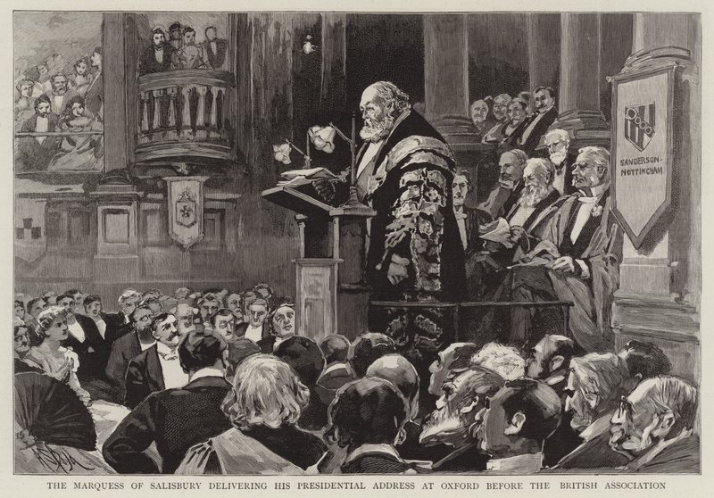 Marquess of Salisbury håller sitt tal som president i Oxford inför British Association. av Alexander Stuart Boyd