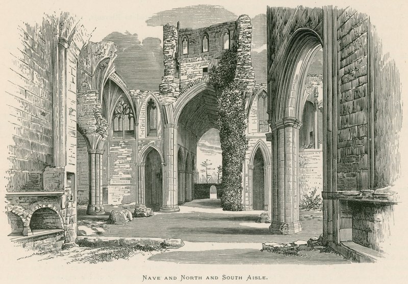 Melrose Abbey, Nave och North and South Aisle (gravyr) av Alexander Francis Lydon