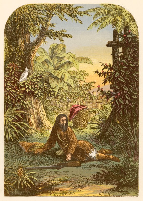 Robinson Crusoe vågnet af søvnen af sin papegøje av Alexander Francis Lydon