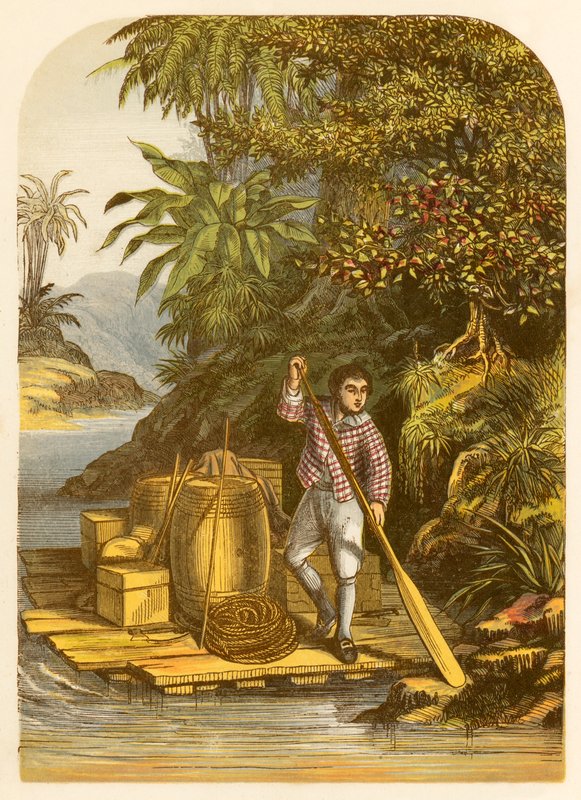 Robinson Crusoe räddar med hjälp av en flotte många användbara artiklar från fartyget av Alexander Francis Lydon
