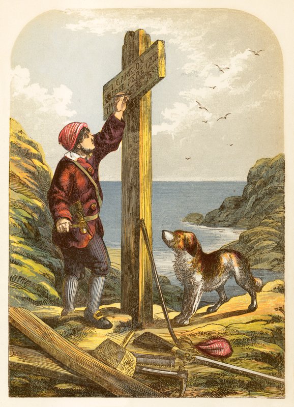 Robinson Crusoe reser en stolpe på stranden av Alexander Francis Lydon