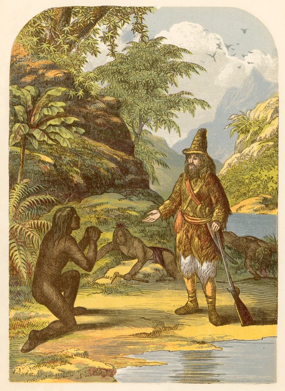 Robinson Crusoe räddar fredagen från vildarna av Alexander Francis Lydon
