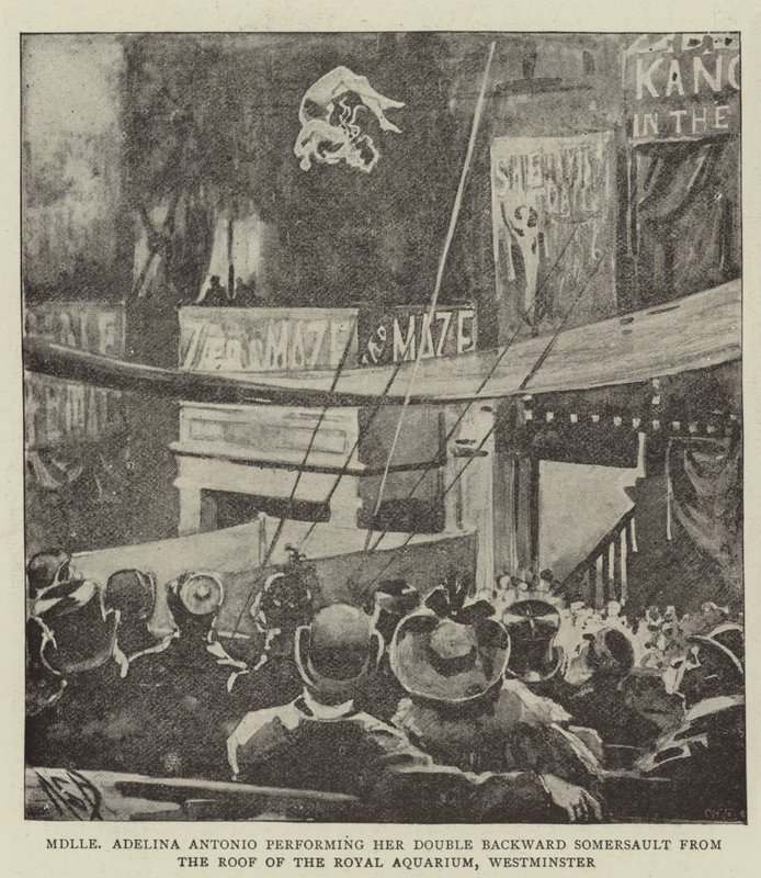 Mademoiselle Adelina Antonio utför sin dubbelbakåt kullerbytta från taket på Royal Aquarium, Westminster av Alexander Stuart Boyd
