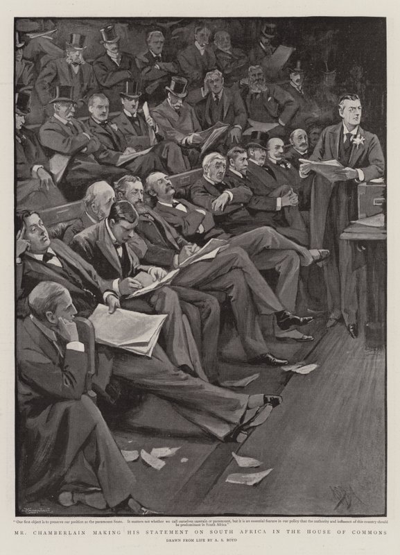 Chamberlain gör sitt uttalande om Sydafrika i underhuset. av Alexander Stuart Boyd