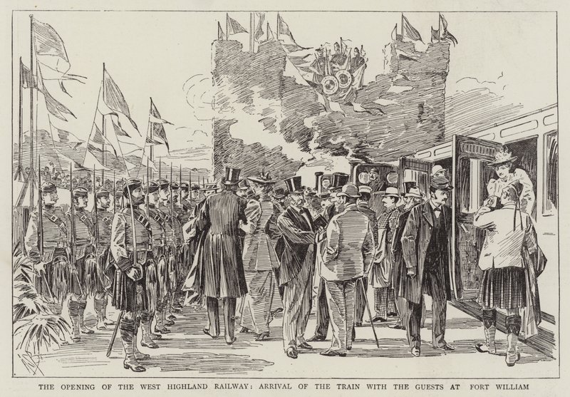 Öppningen av West Highland Railway, tågets ankomst med gästerna på Fort William av Alexander Stuart Boyd