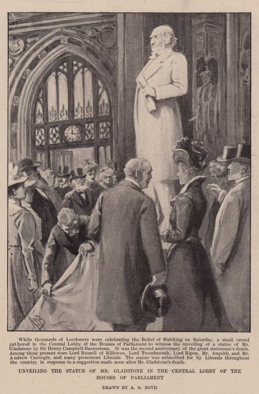 Avtäckning av statyn av Mr Gladstone i den centrala lobbyn i Houses of Parliament av Alexander Stuart Boyd