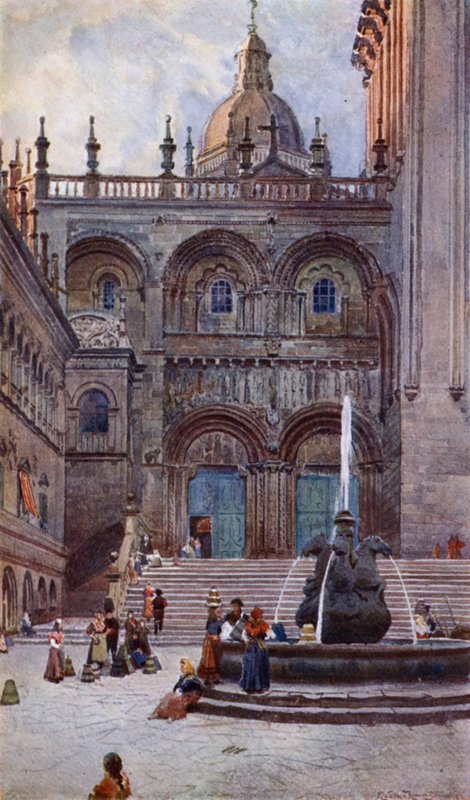 Katedralen i Santiago Di Compostela, södra dörröppningen (färg litho) av Alexander Wallace Rimington