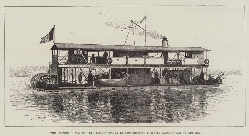Den franska Gun-Boat Precieuse, speciellt konstruerad för Madagaskarexpeditionen av Alexandre Brun