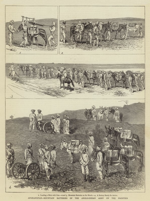 Afghanistan, bergsbatterier av den anglo-indiska armén vid gränsen av Alfred Chantrey Corbould
