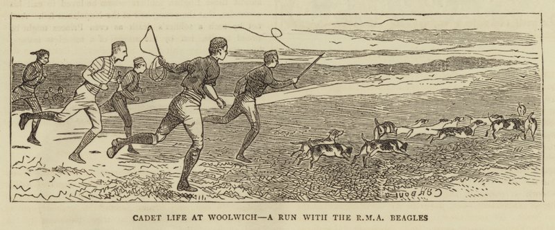 Kadettlivet i Woolwich, en löprunda med RMA Beagles av Alfred Chantrey Corbould