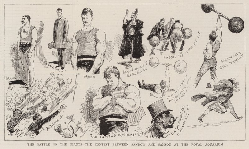 The Battle of the Giants, tävlingen mellan Sandow och Samson på Royal Aquarium av Alfred Chantrey Corbould