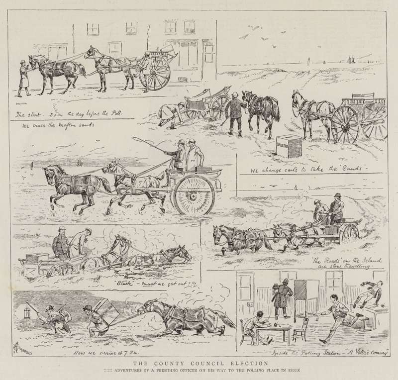 Landstingsvalet, en ordförandes äventyr på väg till vallokalen i Essex av Alfred Chantrey Corbould