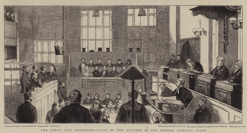 The Great City Forgeries, Rättegång mot de anklagade vid Central Criminal Court av Alfred Chantrey Corbould