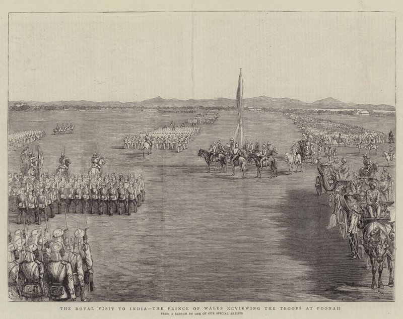 Det kungliga besöket i Indien, prinsen av Wales granskar trupperna vid Poonah av Alfred Chantrey Corbould