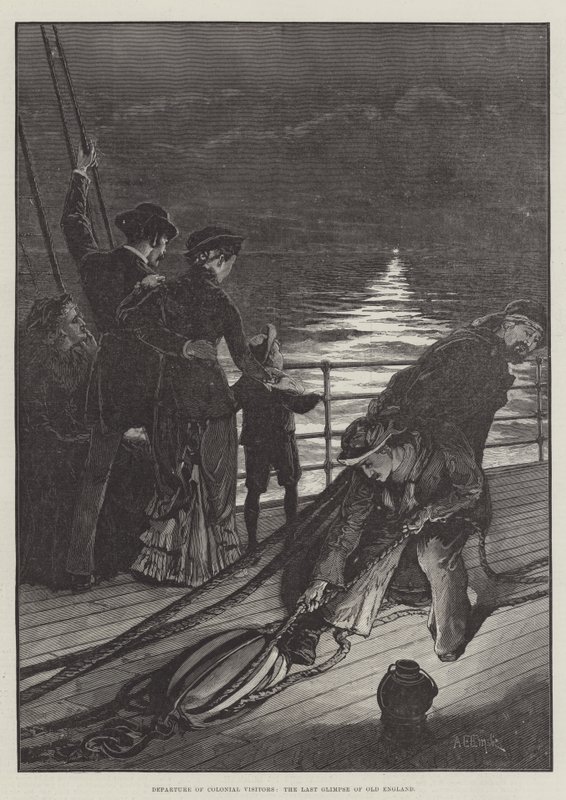 Avgång från koloniala besökare, den sista glimten av Gamla England av Alfred Edward Emslie