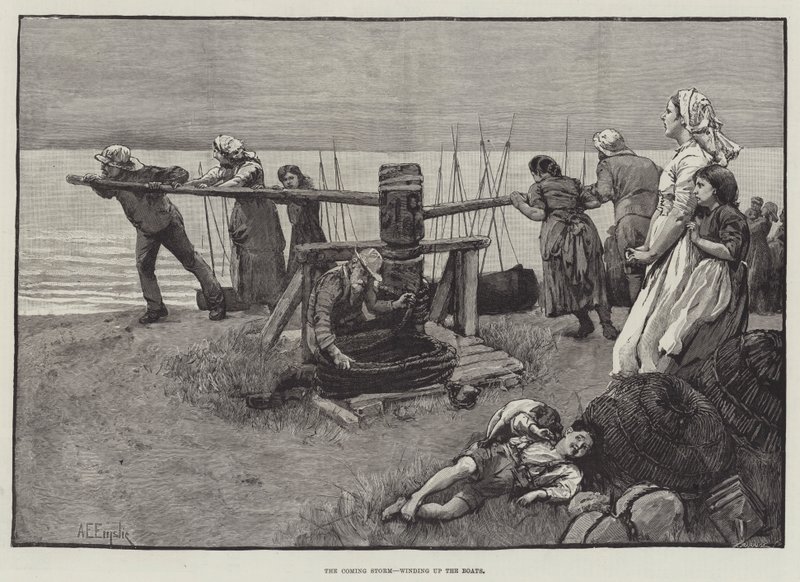 Den kommande stormen, avslutar båtarna av Alfred Edward Emslie