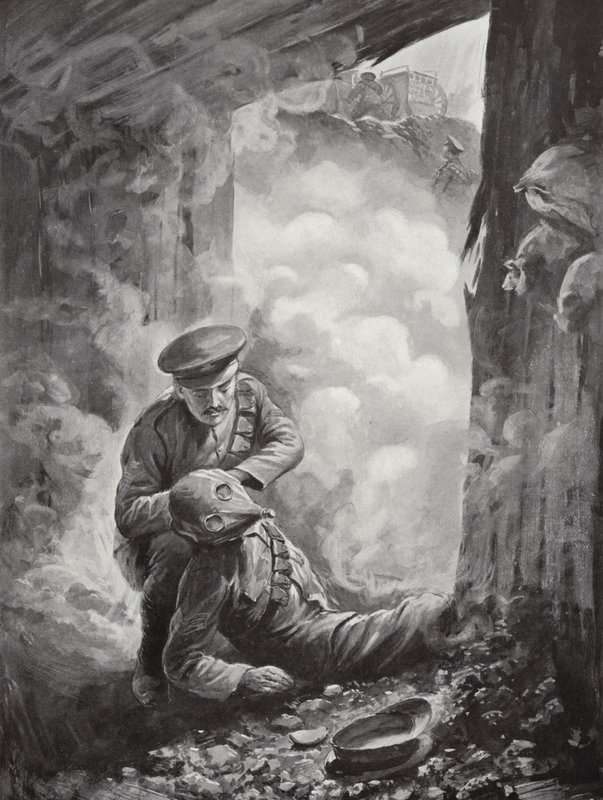 Tillförordnad sergeant John Raynes sätter sin rökhjälm på sergeant Ayres efter explosionen av en gasgranula, 11 oktober 1915 av Alfred Pearse