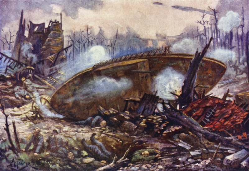 Kapten Arthur Inglis från Gloucester-regementet för sin stridsvagn framåt över mycket svår terräng efter att ett av hjulen hade sprängts bort, första världskriget. av Alfred Pearse