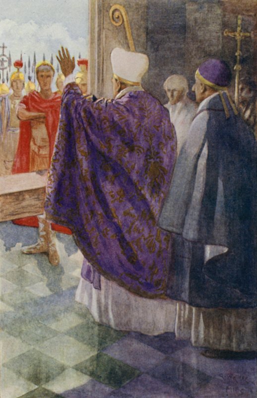 St Ambrosius hindrar den romerske kejsaren Theodosius från att gå in i Milanos katedral som straff för massakern i Thessalonika 390 av Alfred Wallis Mills