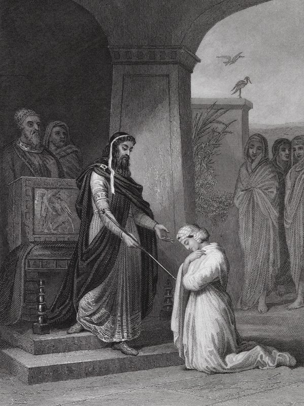 Ester inför kung Ahasverus, Ester, kap 15, v 11 (gravyr) av Alfred (after) Johannot