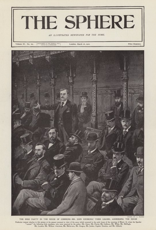 Den irländska parlamentsledamoten John Redmond talar till underhuset (litho) av Alfred (after) Pearse