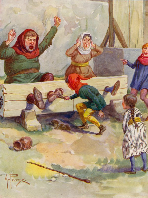Merrie England: In the stocks (färglitografi) av Alfred (after) Pearse