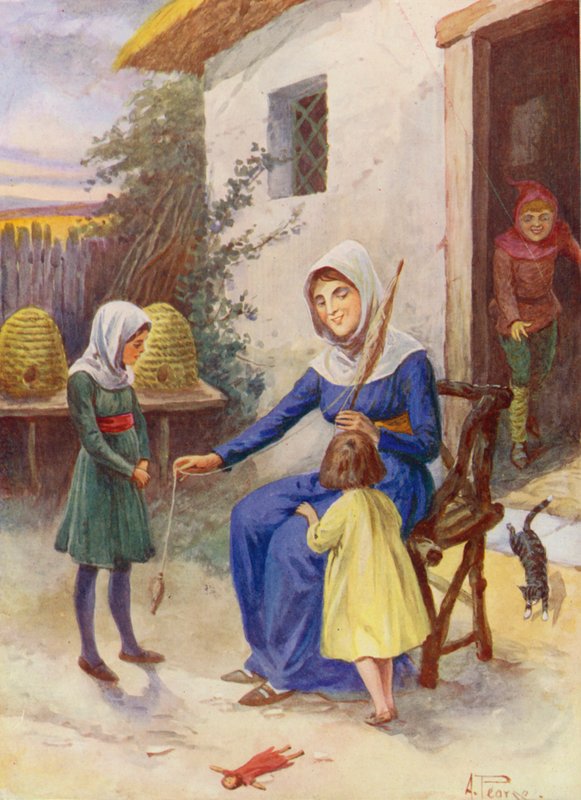 Merrie England: Att lära sig spinna (färglitografi) av Alfred (after) Pearse