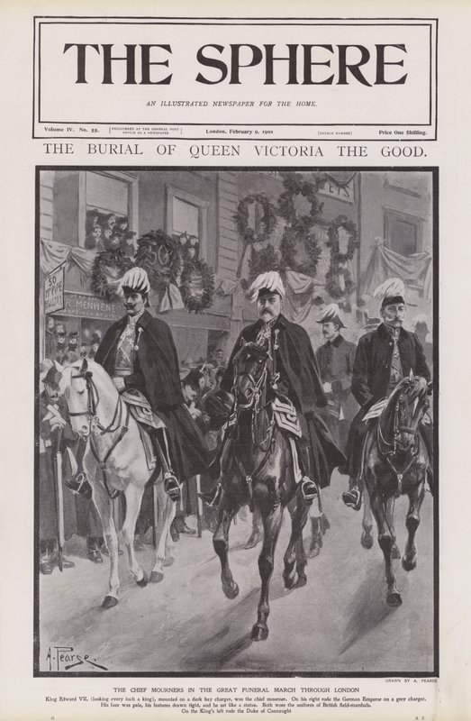 De främsta sörjande vid drottning Victorias begravningståg genom London (litho) av Alfred (after) Pearse