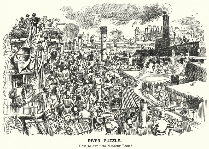 Punch-tecknad film: Trapp på Themsen vid Molesey Lock, Surrey (gravyr) av Alfred Chantrey Corbould