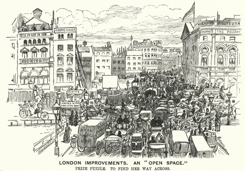 Punch tecknad: London Improvements. En "Open Space" - trafikstockning i viktorianska London (gravyr) av Alfred Chantrey Corbould