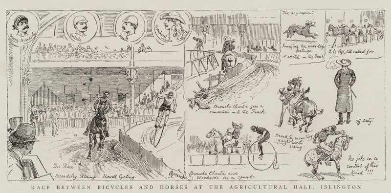 Race mellan cyklar och hästar i Agricultural Hall, Islington av Alfred Chantrey Corbould