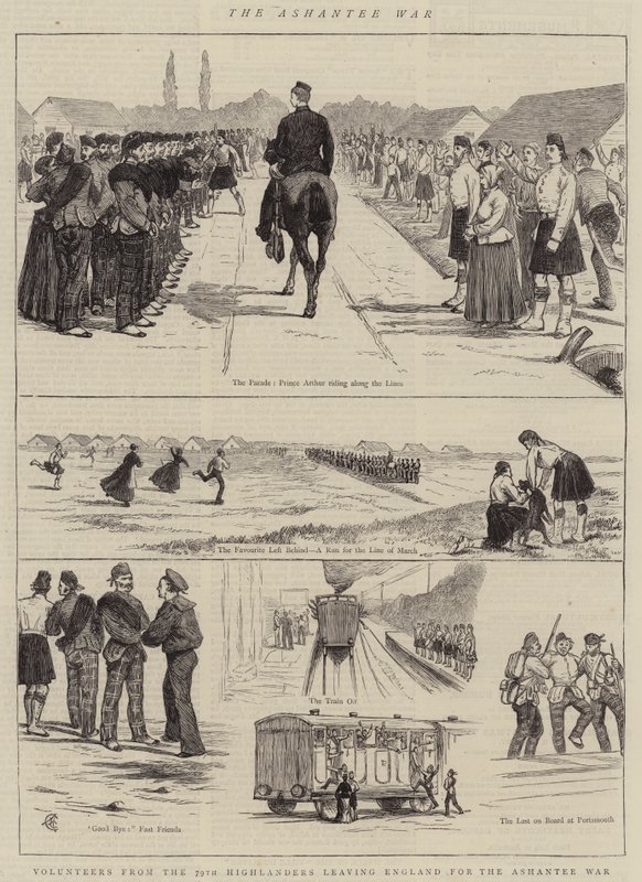 Ashantee War, volontärer från 79th Highlanders som lämnar England för Ashantee War av Alfred Chantrey Corbould
