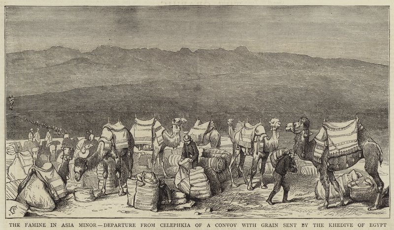 Hungersnöden i Mindre Asien, avgång från Celephkia av en konvoj med spannmål skickad av Khedive i Egypten av Alfred Chantrey Corbould