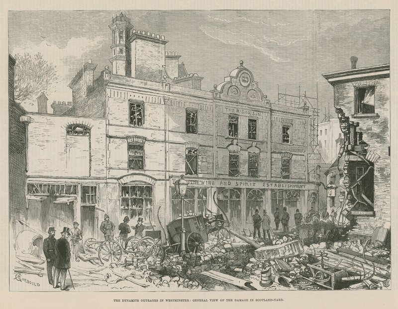 Dynamiten i Westminster; Allmän bild av skadan i Scotland Yard av Alfred Chantrey Corbould