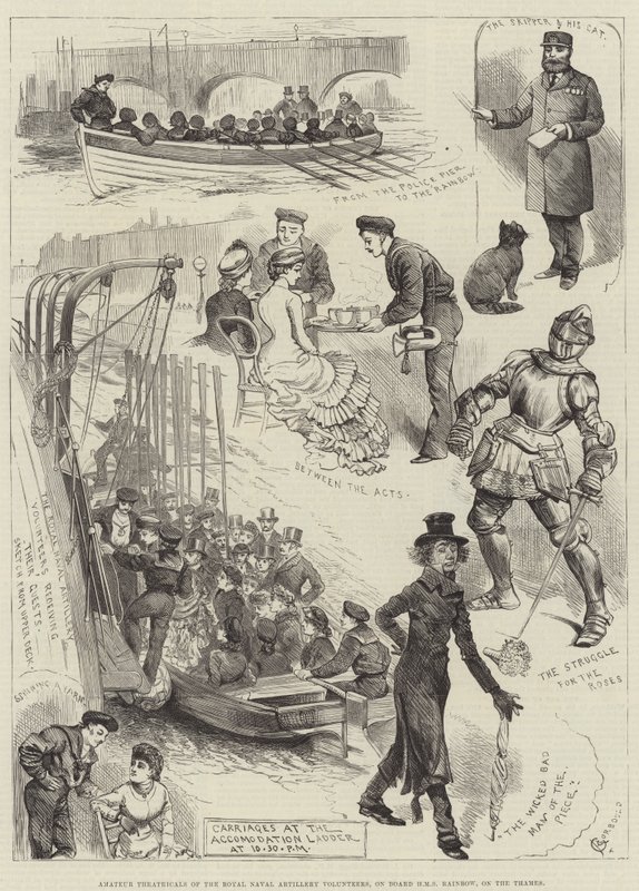 Amatörteater för Royal Naval Artillery Volunteers, ombord på HMS Rainbow, på Themsen av Alfred Courbould