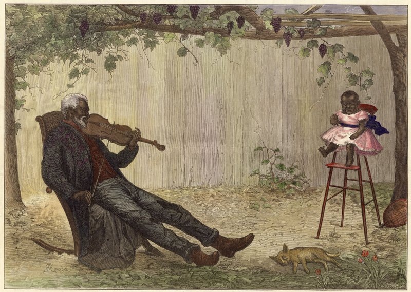 Gammal svart man spelar violin för barn (färggravyr) av Alfred Edward (after) Emslie