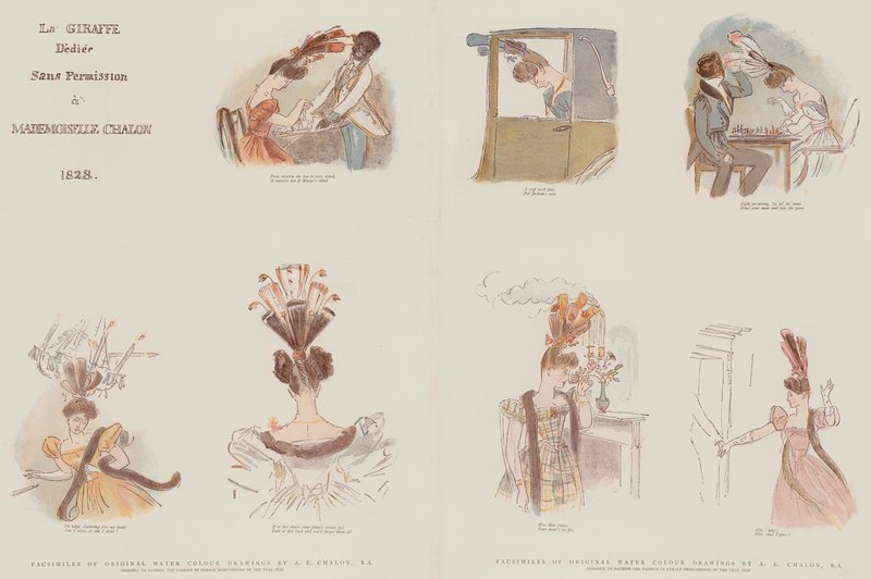 Faksimiler av originala vattenfärgsteckningar, designade för att satirisera modet i kvinnliga huvudklänningar av året 1828 (chromolitho) av Alfred Edward Chalon
