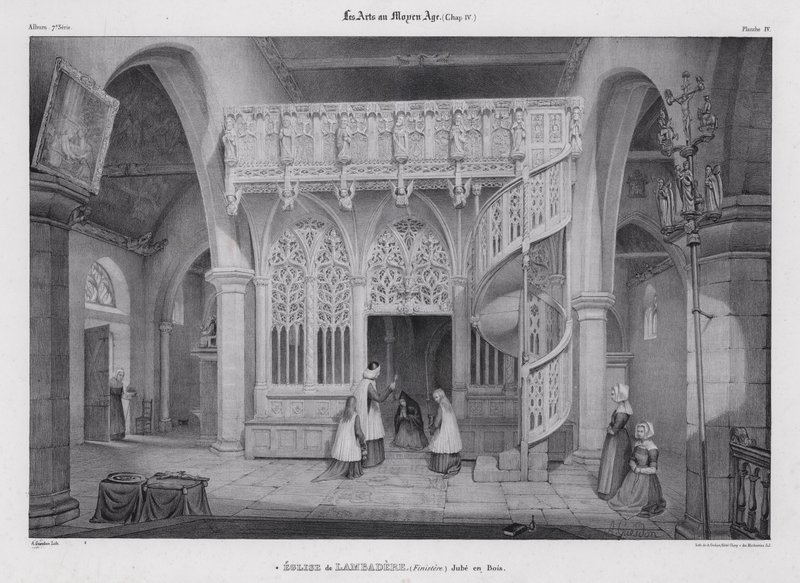 Snidade takskärm i trä av kapellet Notre Dame de Lambader, Plouvorn, Bretagne, Frankrike (litho) av Alfred Guesdon