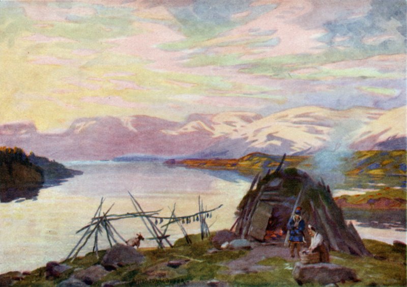 En Lappstuga på sjön Torne Trask, midnatt av Alfred Heaton Cooper