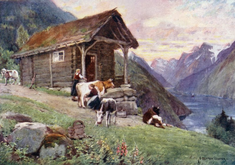 A Saeter, Vetle Fjord (färg litho) av Alfred Heaton Cooper